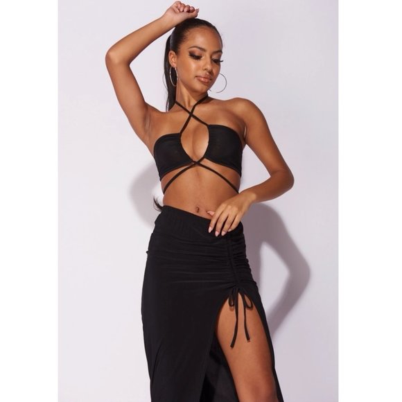Black Sleeveless Halter Neck Crop Top and High Waist Maxi Skirt Two Piece Set - Picture 8 of 14